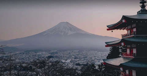 Mt Fuji with a temple in the foreground.
