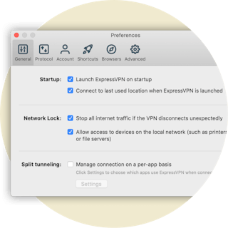 Menu delle preferenze che mostra le impostazioni di Network Lock per Mac.