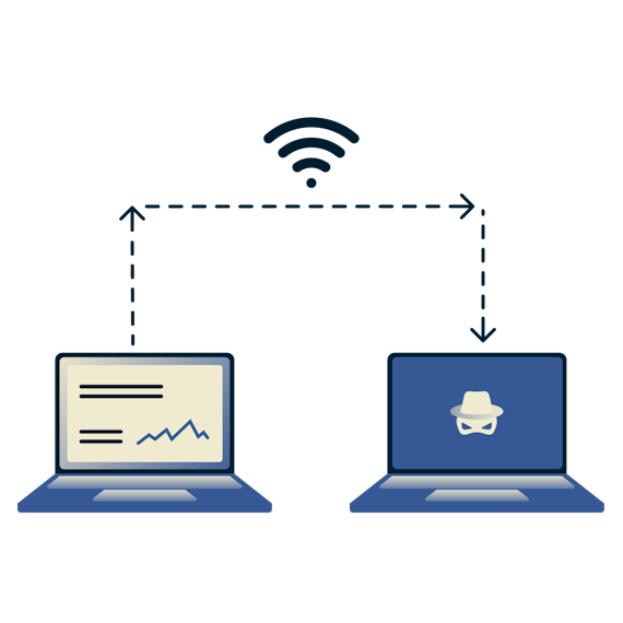 Ноутбук, передающий данные по Wi-Fi другому ноутбуку с черепом и скрещенными костями.