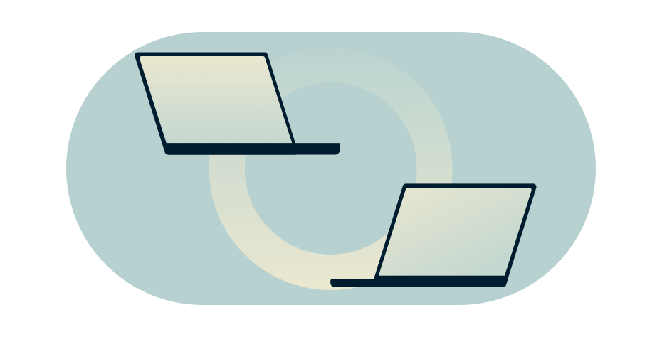 To computerskærme forbundet af en cirkel med en gradient.