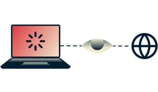 A buffering laptop connected to the internet with an eye overlooking the connection.